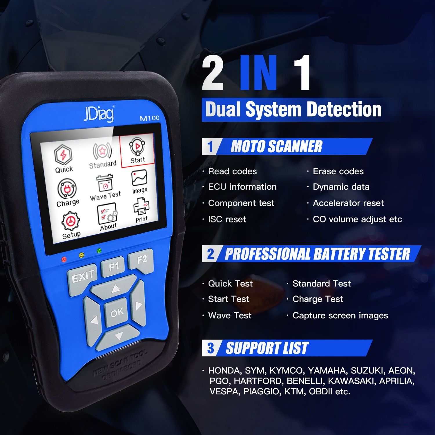 JDiag M100 Motorcycle Diagnostic Scanner Moto Fault Diagnostic Tool Motorbike Code Reader with Multiple Language