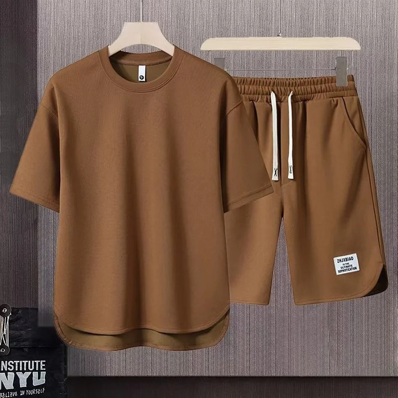 Mens Korean Fashion Two Piece Set Summer Short Sleeved T-shirt And Shorts Loose Sets Men Clothes Tracksuits 240615