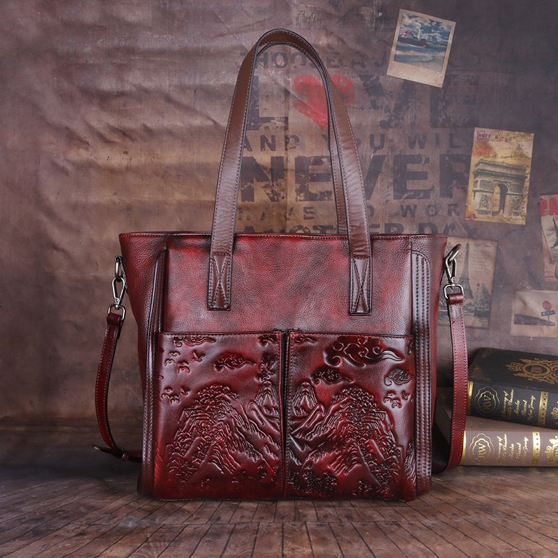 GAGACIA Vintage Women Shoulder Bags For Ladies Luxury Genuine Leather Handbag 2024 New Casual Handmade Embossed Woman Tote Bag