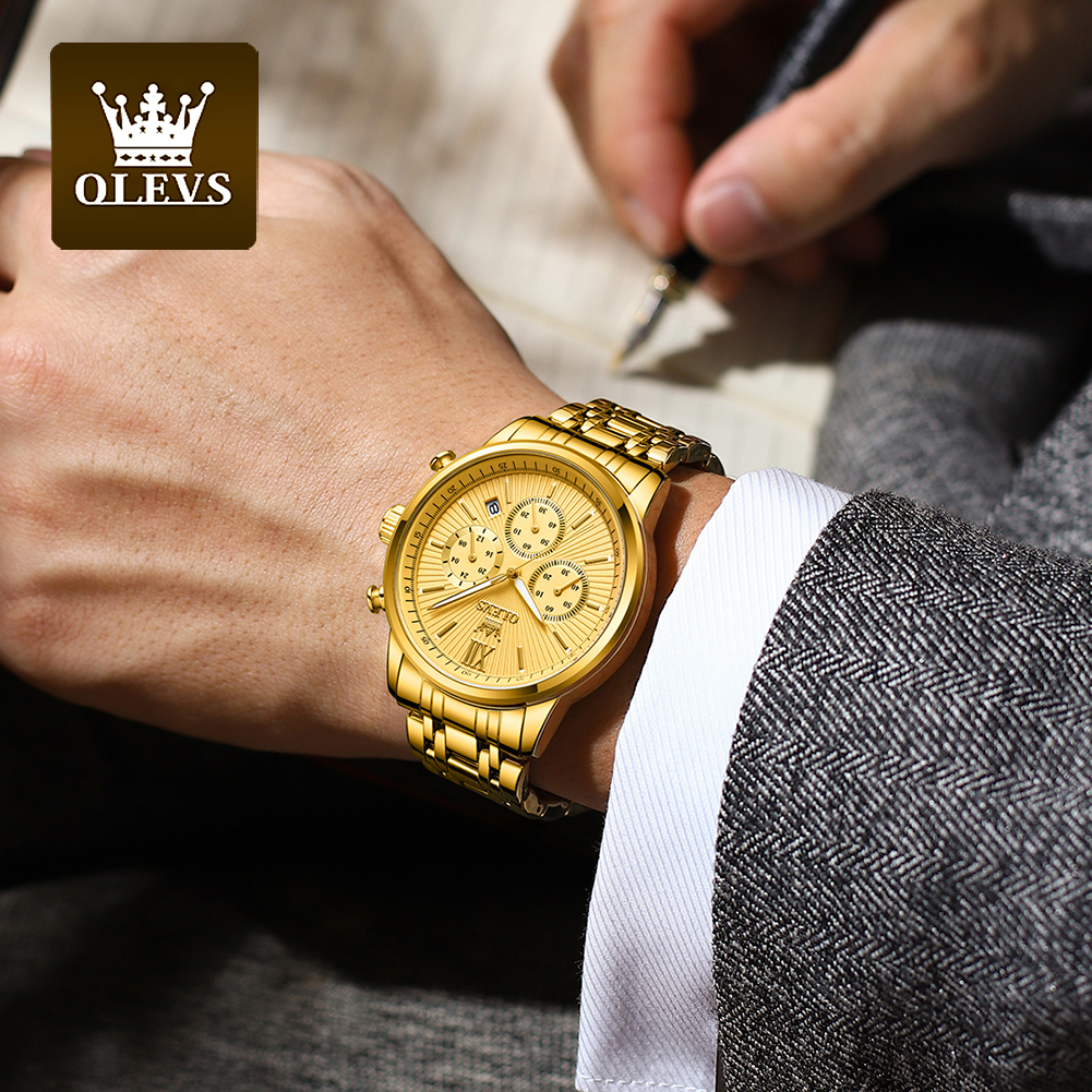 OLEVS Quartz Watch for Men TOP Brand Gold Wristwatch Three Small Dials Chronograph Date Men's Watches Original 2023 Trend New 68d97