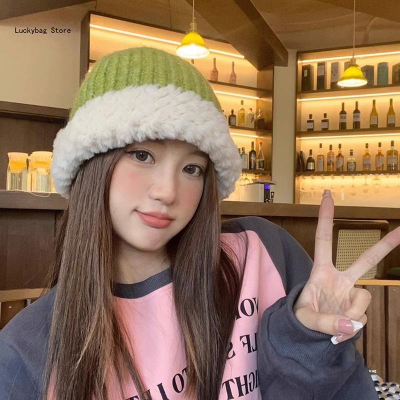 Contrast Color Plush for Teens Girl Winter Sport Skiing Hat Warm Headwear