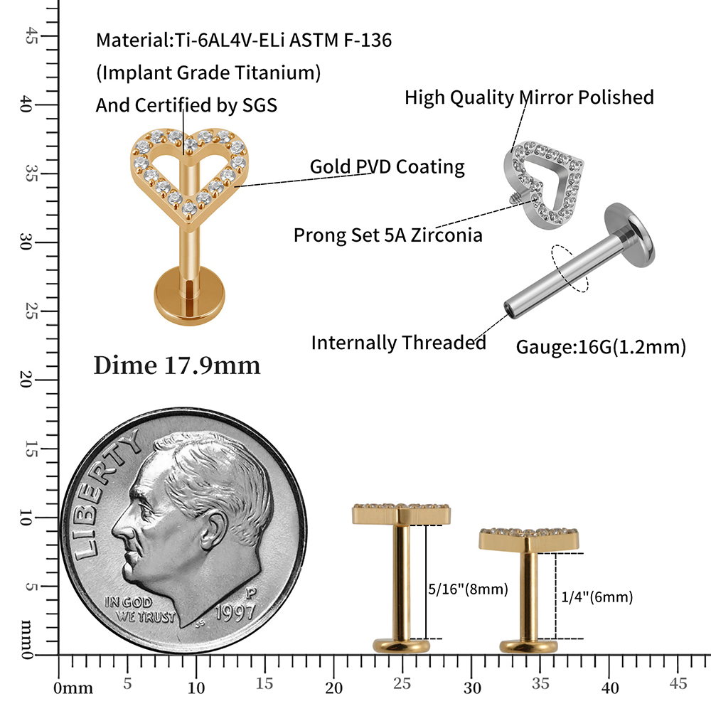 Right Grand Implant Grade Titanium 16G CZ Heart Labret Earring Internally Threaded Cartilage Tragus Medusa Lip Monroe 6-8mm Post