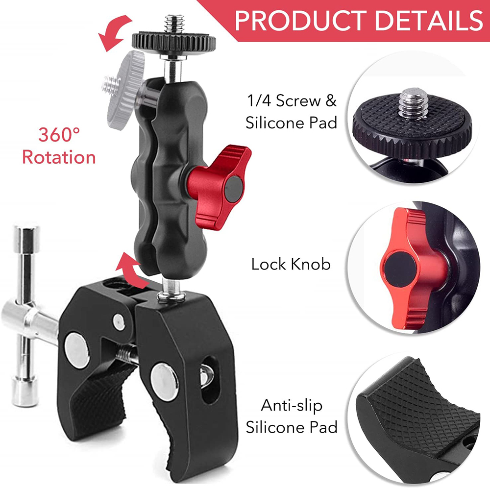 DSLR 360° Ballhead with Clamp Mount for SLR Camera Rig LCD Monitor LED Light Flash Tripod Magic Arm Photo Studio Accessory 92cb3 5 39985