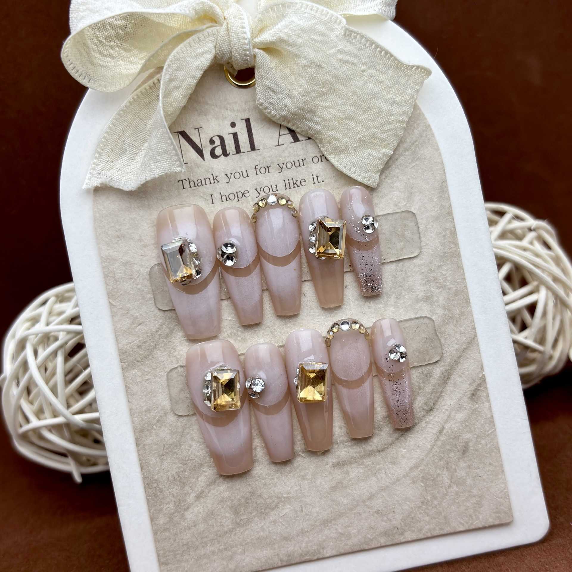 Girls False Nails Powder blusher halo dye French manual wear Party As diamond pure desire removable phototherapy nail piece 240530