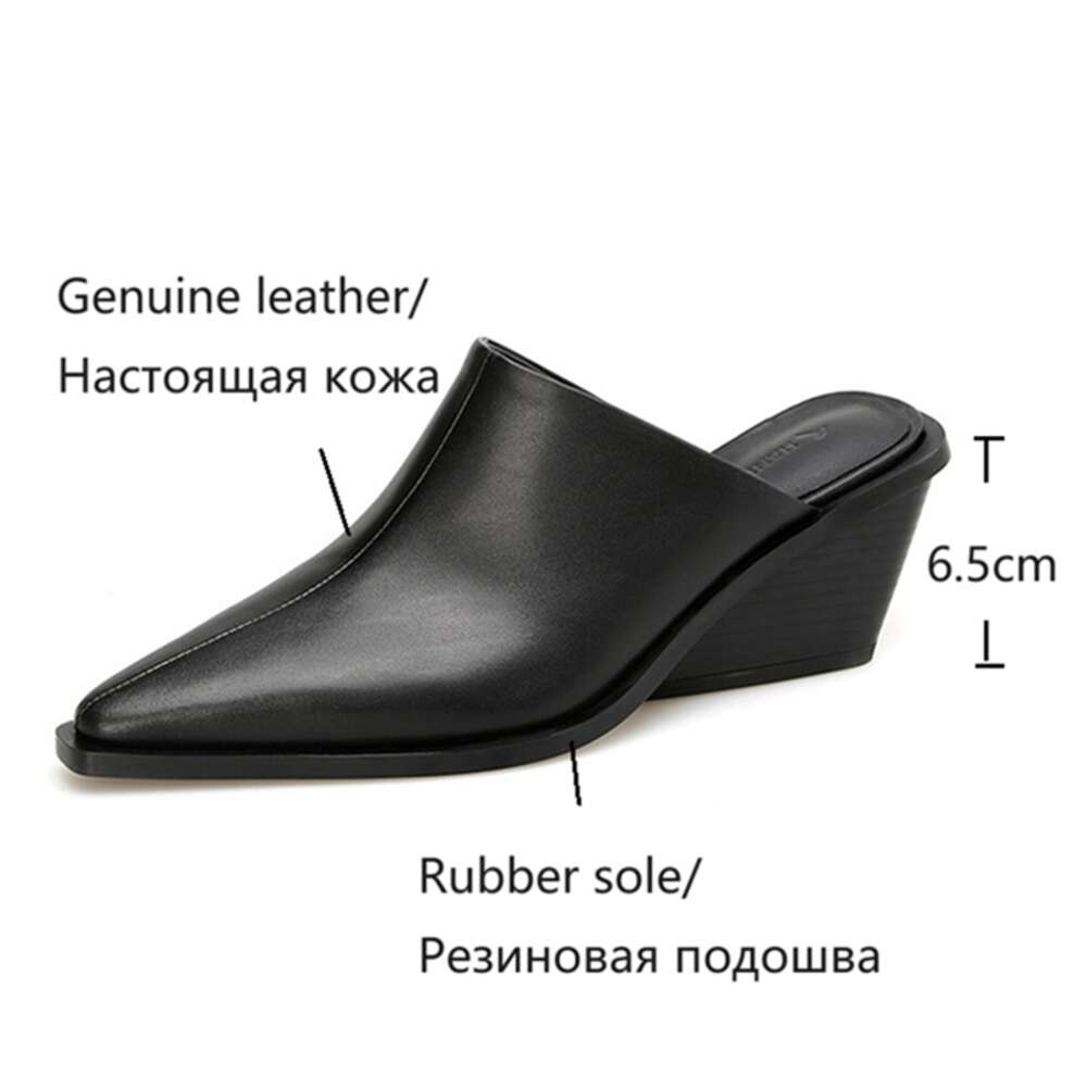 NEW Summer Genuine Leather Shoes For Pointed Chunky Heel Cover Toe Wedge Sandals Black Women Mules 68