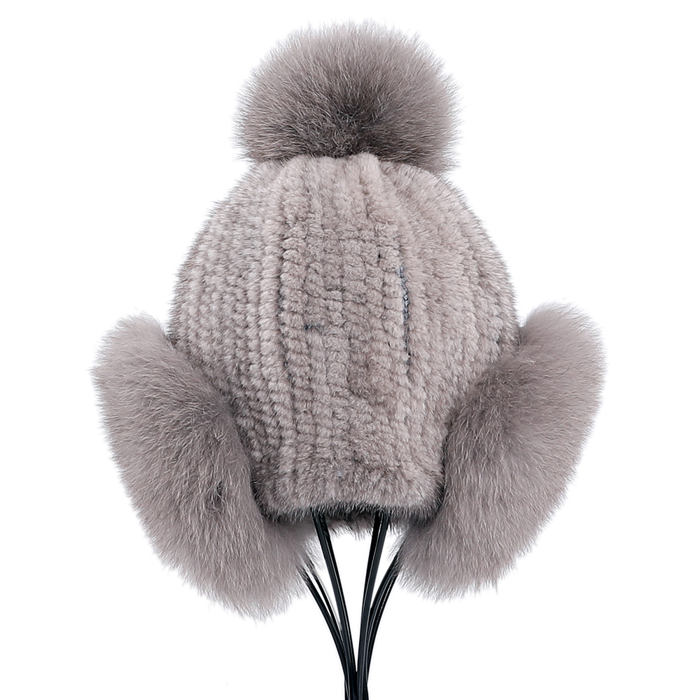 Women's Winter Warm 100% Genuine Mink Knitted Beanie Hat Bomber Caps Fox Fur Ear Warmer Cover Hats Pom Elastic