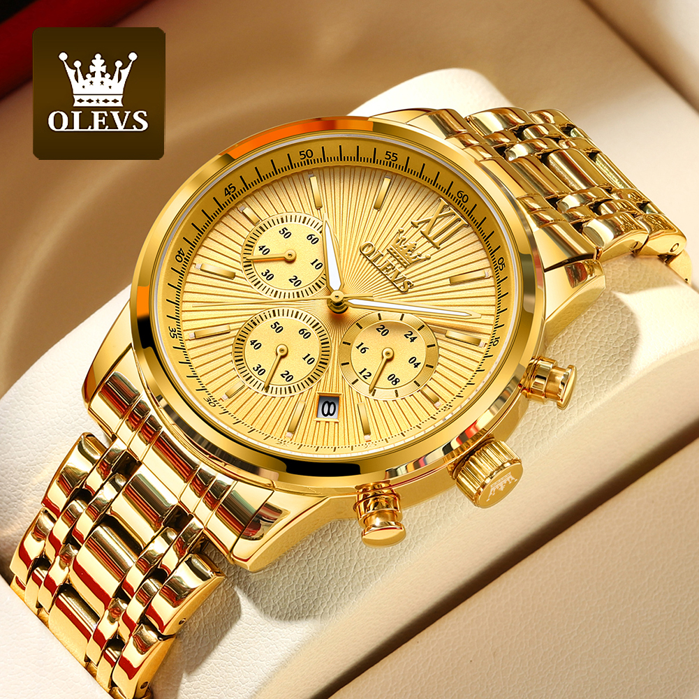 OLEVS Quartz Watch for Men TOP Brand Gold Wristwatch Three Small Dials Chronograph Date Men's Watches Original 2023 Trend New 68d97