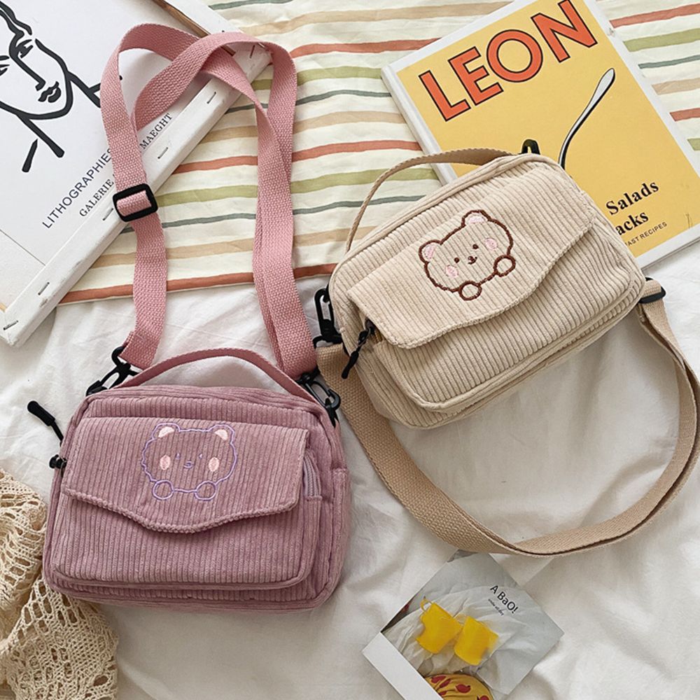 Fashion Cartoon Bear Print Shoulder Bags Corduroy Student Tote Women Handbags Shoulder Bags Messenger Bag Satchel