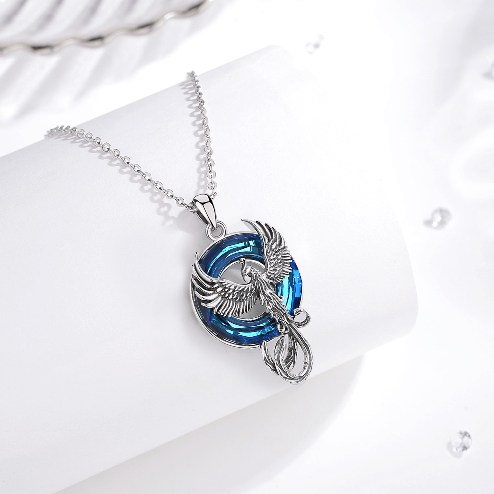 Eudora Sterling Sier Phoenix Neckalce Circle Austrian Crystal Phoenix Pendant Personality Jewelry for Women Man Gif e65e0 5 50a12
