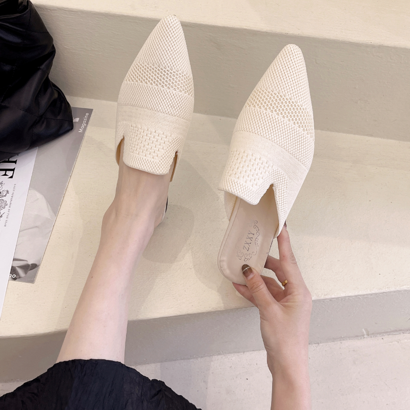 Summer Women Yellow Black Knitted Mules New Elegant Mesh Breathable Med Heel Slippers Closed Toe Slides Party Shoes 82e