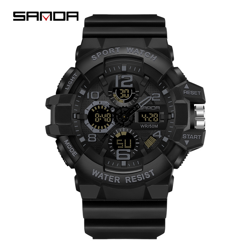 SANDA 3168 Trendy Men Led Analog Display Alarm Clock Mode Digital Quartz Movement 50M Waterproof Outdoor Sports Wrist Watch 1d232
