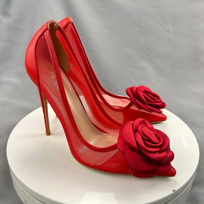 Red Flowers Lace Female Shoes 10Cm Pointy Toe Stiletto High Heel Ladies Dress Women Pumps Plus Size 33-45 68