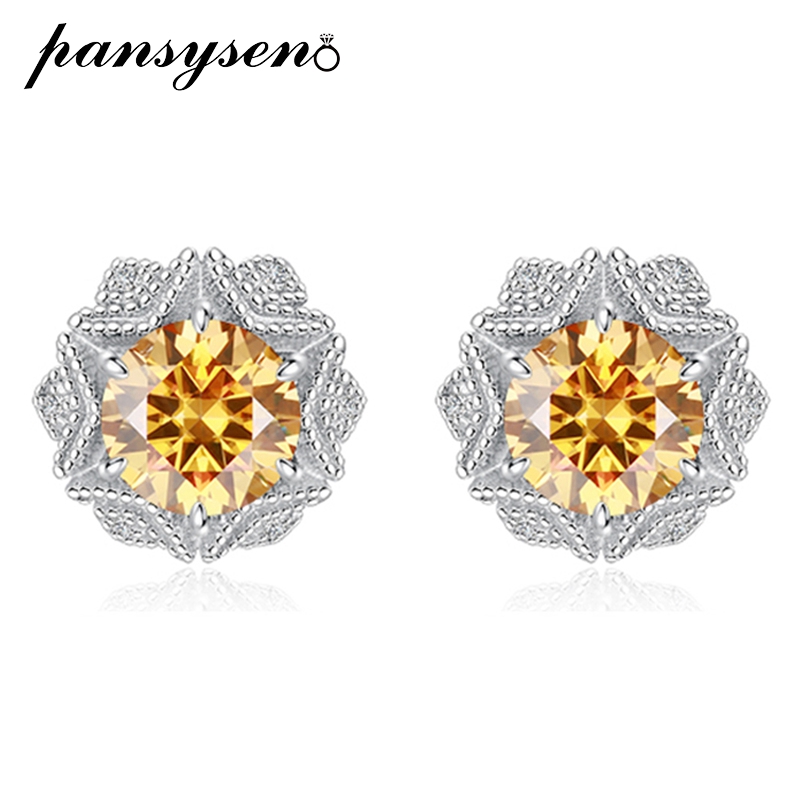 PANSYSEN Yellow Moissanite Earring S Sterling Sliver Plated with White Gold Earring for Women Man Sparkling Fine Jewelry 23e65