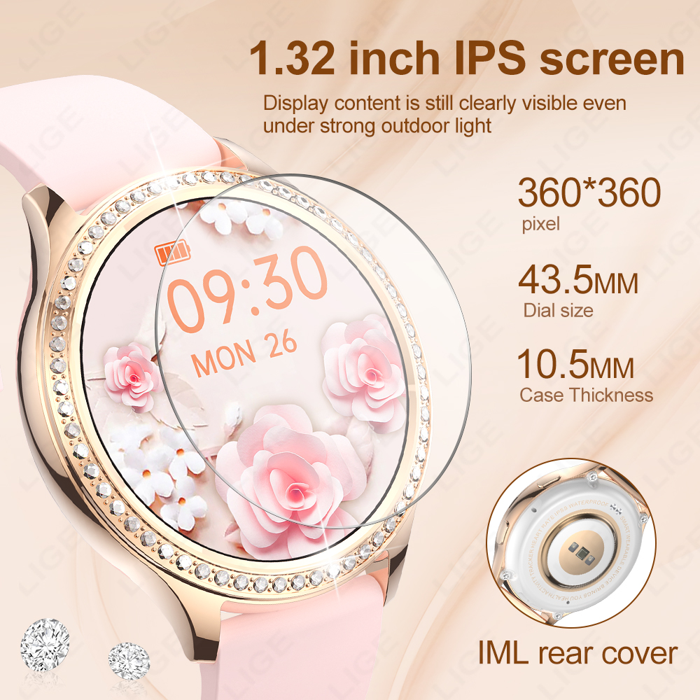 inch 1.32 Women LIGE Smart Watch Bluetooth Call AI Voice Assistant Women's Watches Custom Watch Face Health Monitor Smartwatches 's smile &#