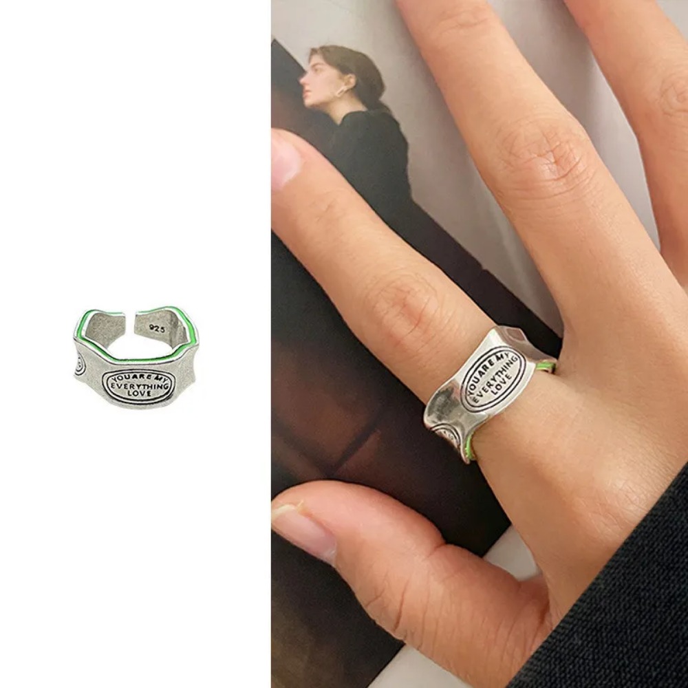 New Arrival Elegant Letter Carving Green Stripe Design Retro Thai Silver Female Finger Ring for Men Women Jewelry Gifts 2023