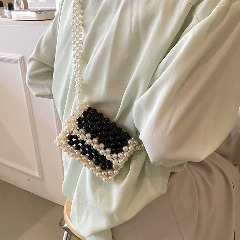 Woven Pearl Bags Summer 2023 New High Grade Black White HandBag Women's Crossbody Beaded Mini Lipstick Bag Sac A Main Femme