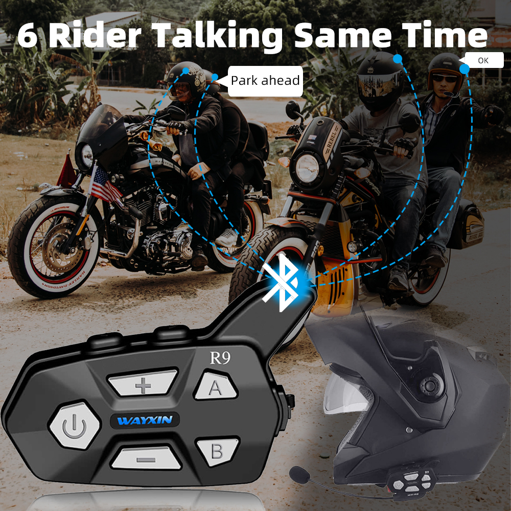 WAYXIN R9 Motorcycle Helmet Intercom Bluetooth Headset 6 Rider Motorcycle Intercom 1500m Universal Pairing Waterproof Fm Radio