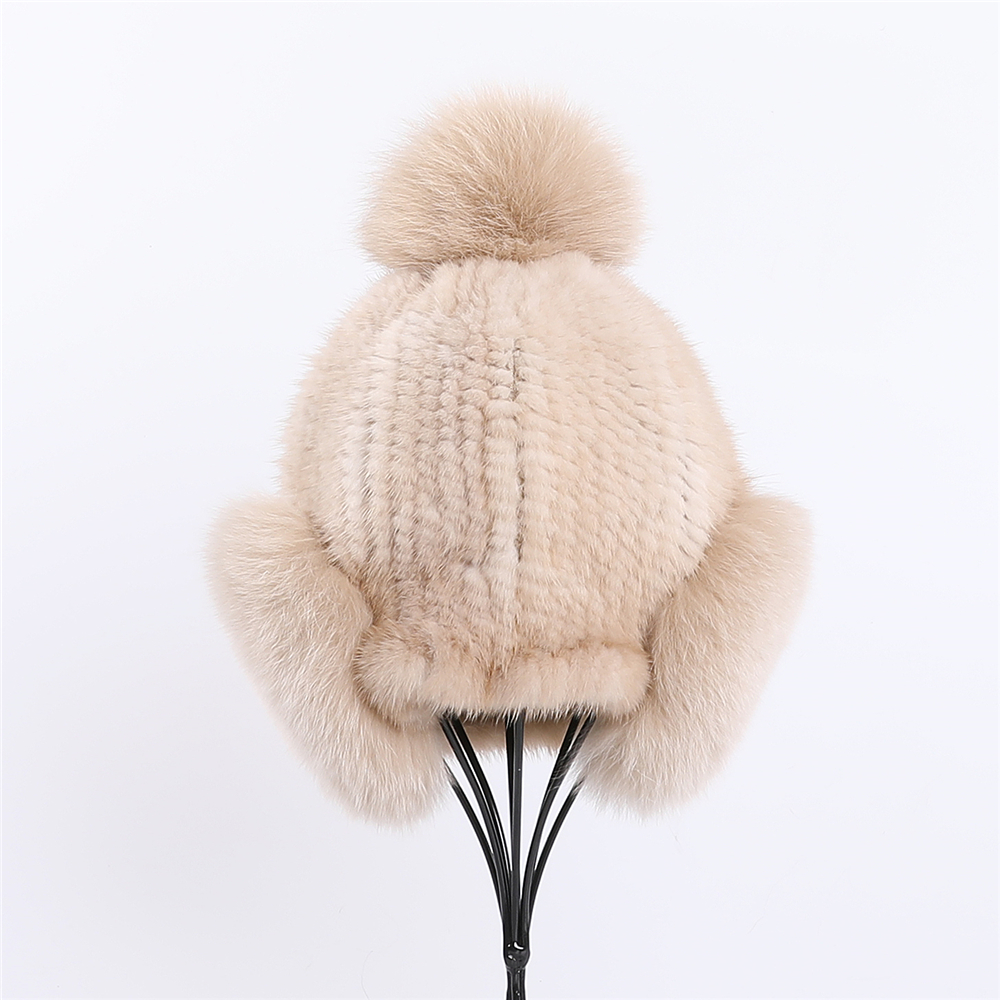 Women's Winter Warm 100% Genuine Mink Knitted Beanie Hat Bomber Caps Fox Fur Ear Warmer Cover Hats Pom Elastic