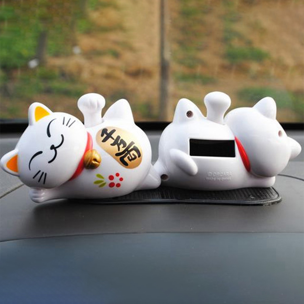 Chinese Lucky Waving Cat Solar Powered Welcoming Fortune Cat Beckoning Maneki Neko Fortune Ornament Feng Shui Decor
