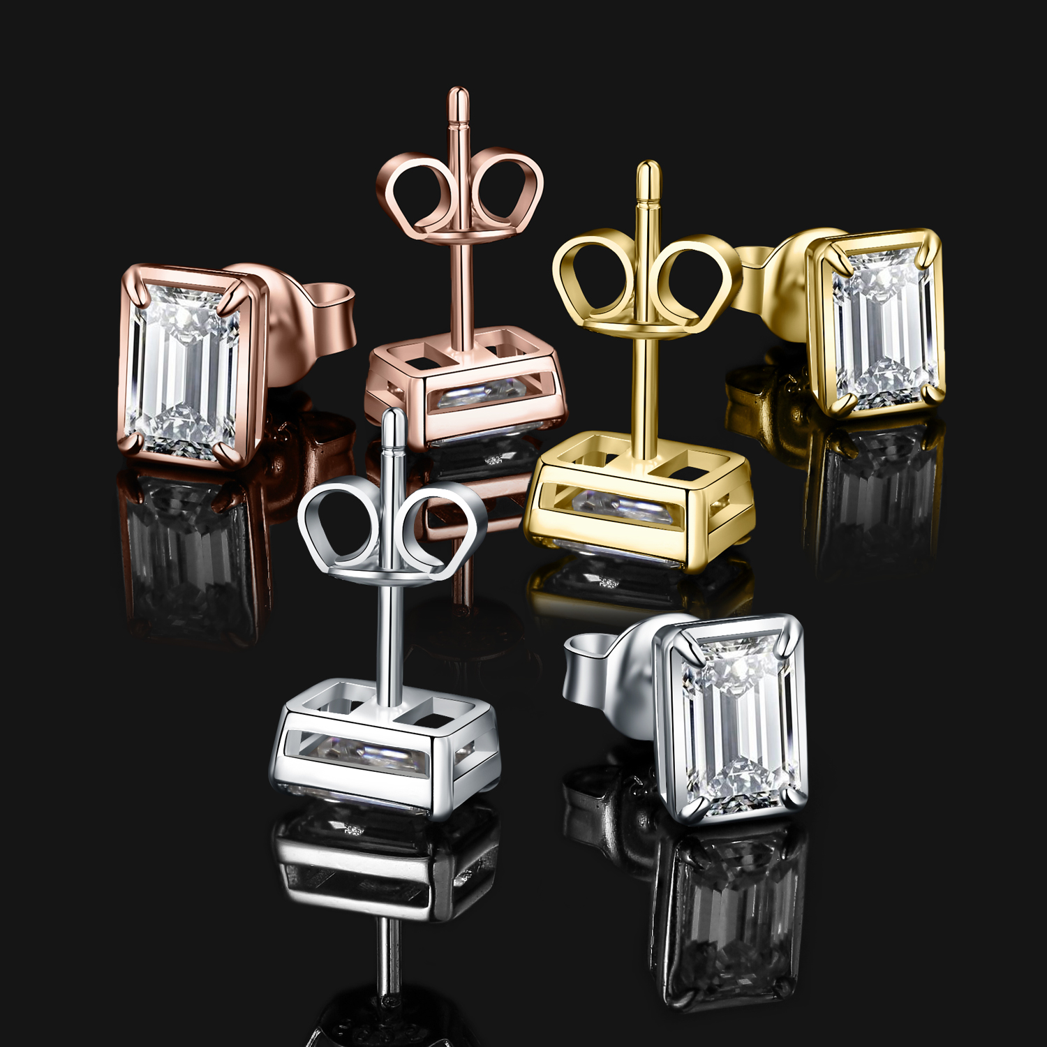 JewelryPalace Moissanite D Color 1.6ct/pair Emerald Cut 925 Sterling Silver Stud Earrings for Woman Yellow Rose Gold Plated