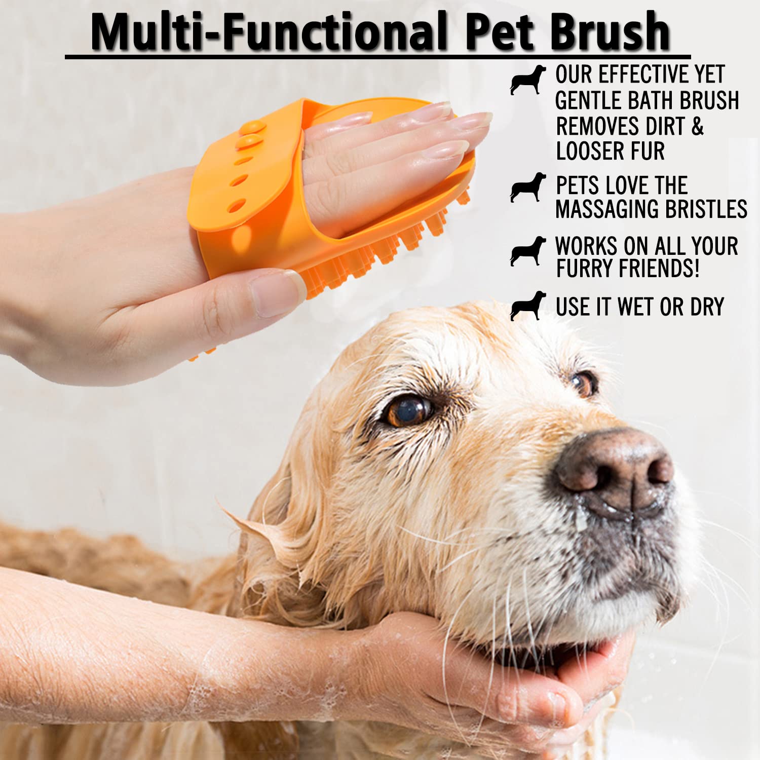 Dog Bath Brush,Dog Grooming Shedding Soothing Massage Rubber Bristles Curry Comb with Adjustable Ring Handle for Pet Dogs& Cats Free shipping