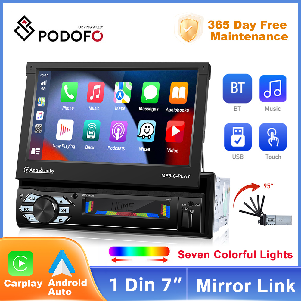 Podofo 1din Car Radio CarPlay Auto 7" IPS Retractable Screen 1 Din Android 10 Multimedia Player Universal Audio Video