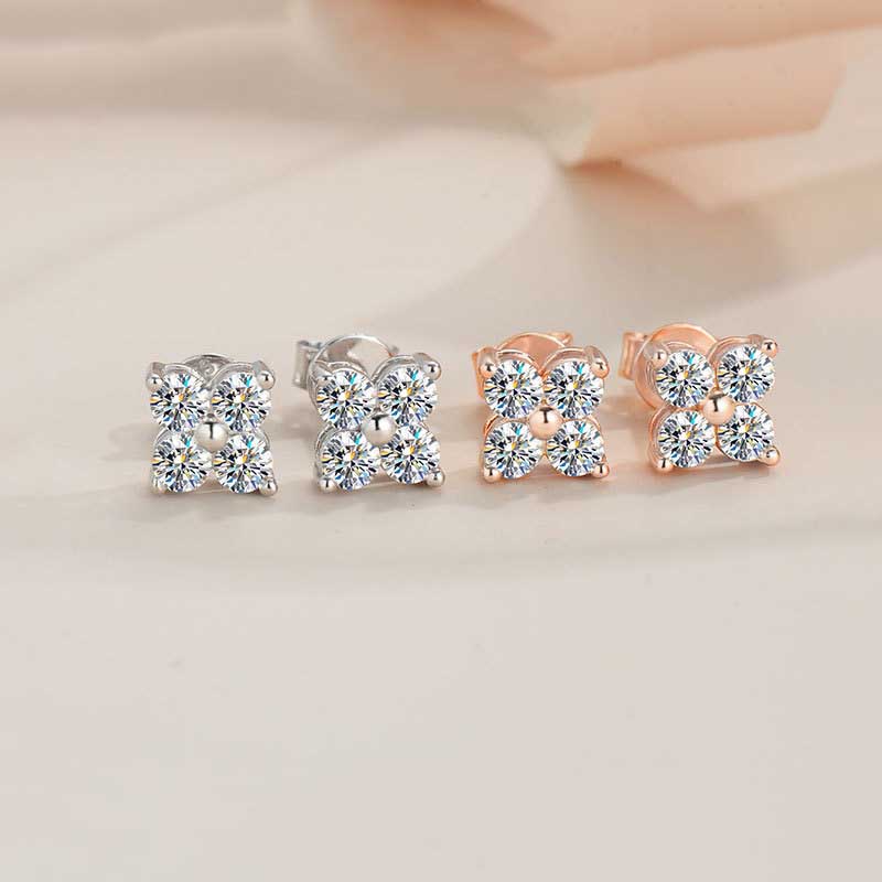 0.8ct Clover Moissanite Stud Earrings Women 925 Sterling Silver Flower Moissanite Ear Studs Pass Diamond Tester Rose Gold Plated