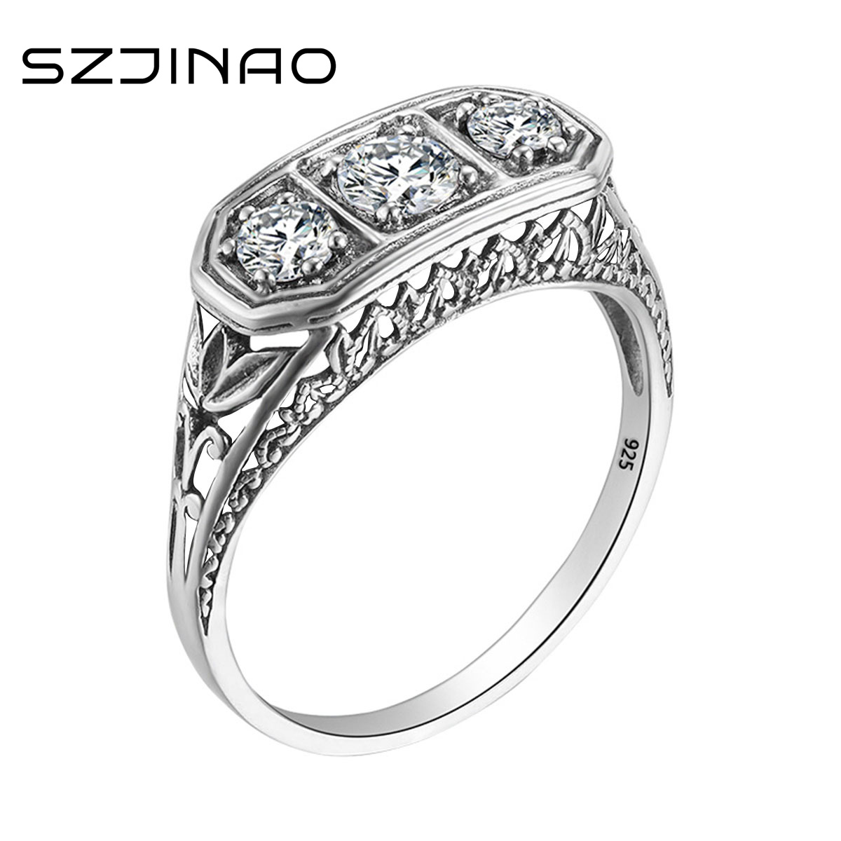 Real Sterling Moissanite Sier Ring For Woman Vintage 3 Stone Party Banquet Gift Female Fine Jewelry High Quality smile