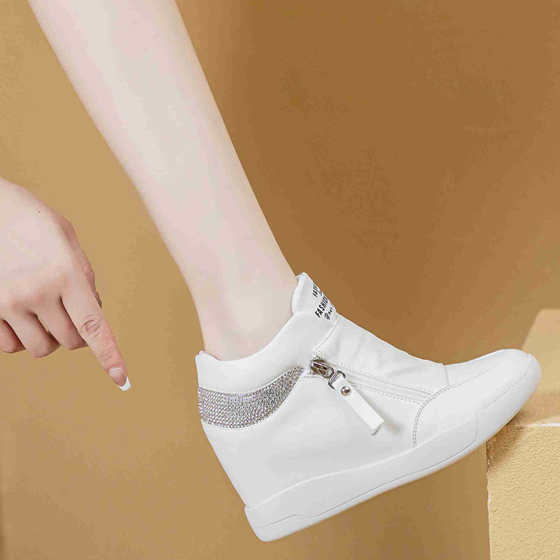 High Top Women Sneakers Hidden Heel Casual Shoes Side Zip Women White Platform Bling Dimond Wedge Rivet Shoes