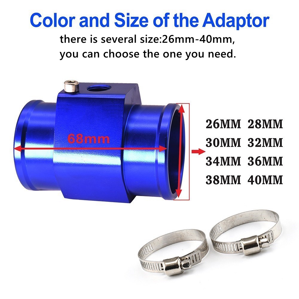 Gauge Radiator Temperature Water Temp Joint Pipe Sensor Hose Adapter 40mm/38mm/36mm/34mm/32mm/30mm/28mm/26mm Blue