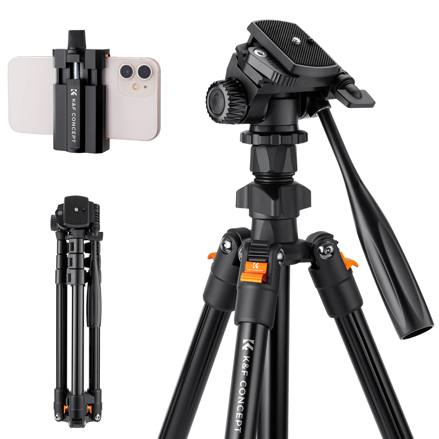 K&F Concept 64 /177cm Video Lightweight Portable Travel Tripod with 3-Way Swivel Pan Tilt Head for Phone SLR DSLR Camera