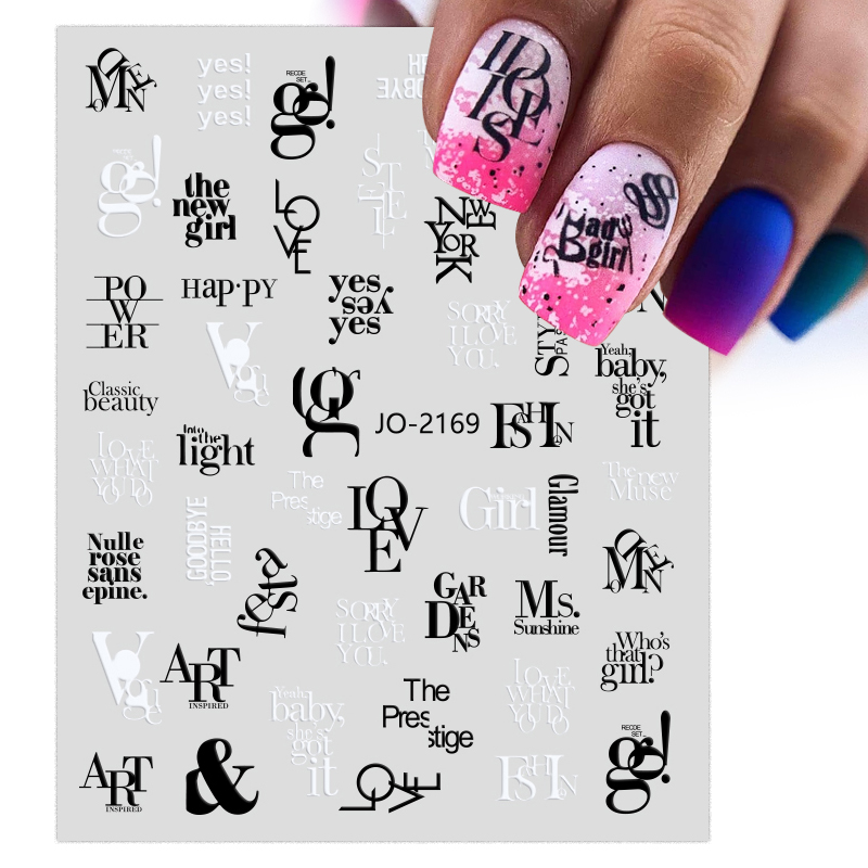 Black Letters Word 3D Nail Sticker for Manicure Nail Art Decorations Design Abstract Face Sliders Decals Foil Accessories