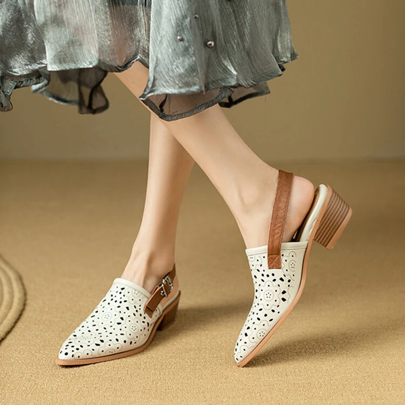 NEW Summer Genuine Leather For Women Pointed Chunky Heel Shoes Cover Toe Slingback Hollow Beige Sandals 68
