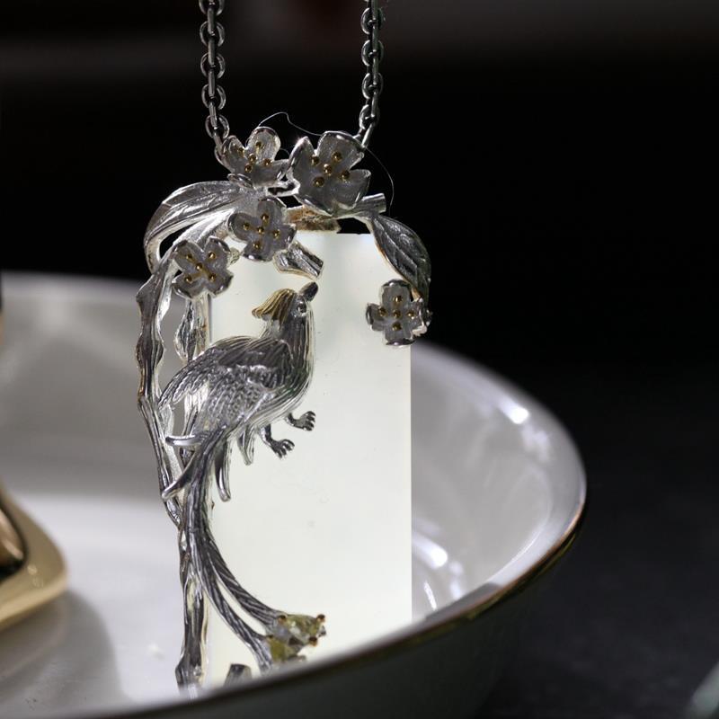 Silver Inlaid Natural Hetian Jade Ethnic Style Clavicle Necklace Phoenix Pendant Exquisite Ladies Wedding Engagement Jewelry