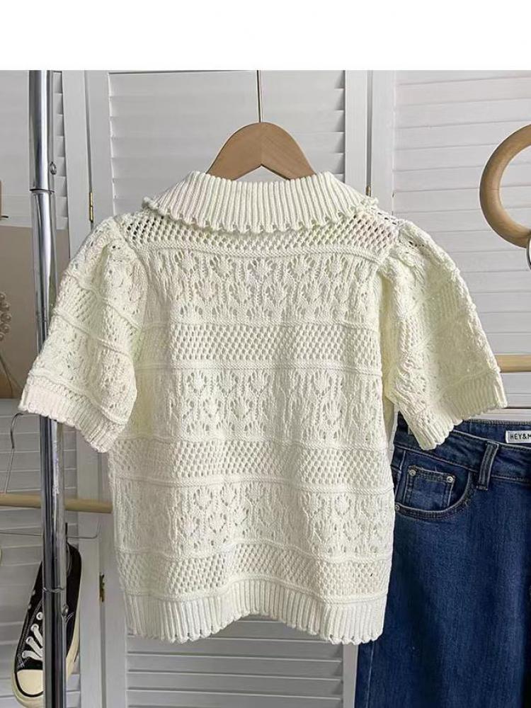 Korean 2023 Summer Hollow Out White Turn-down Collar Women Female Short Sleeve Top Casual Pullover Knit Crochet Clothes Simple