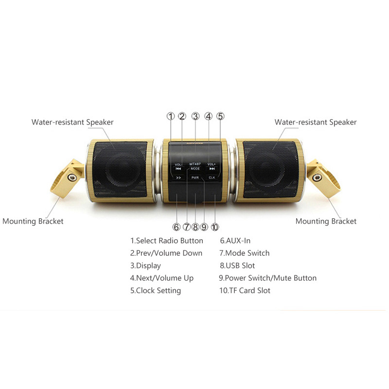 Motorcycle EDR Audio Speaker Water Resistant Motorbike Stereo FM Radio AUX USB TF Card Bluetooth-compatible MP3 Player MT487