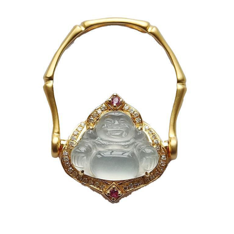 Silver inlaid natural ice jade chalcedony Buddha rings for women dual purpose ring pendant classic Chinese style jewelry