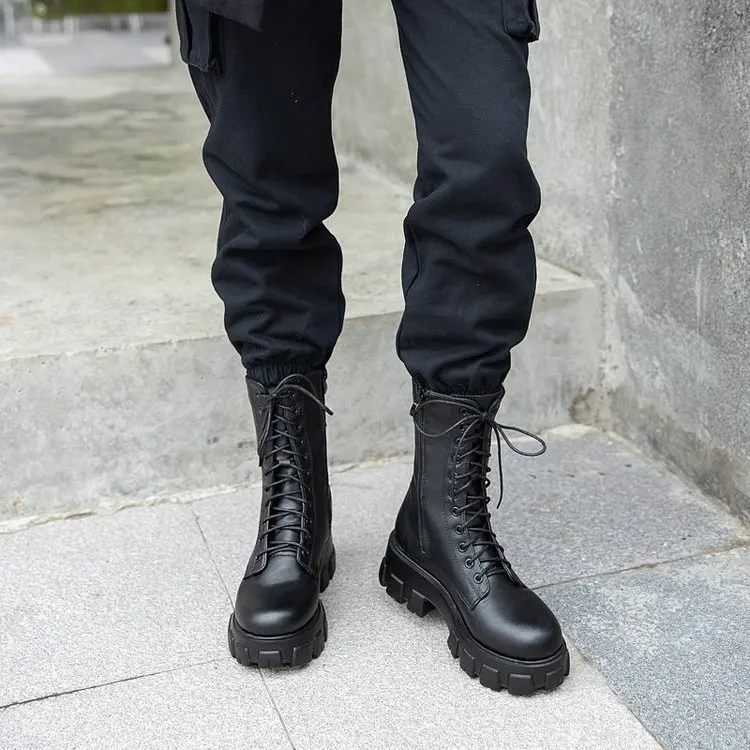 Platform Women's Ankle Autumn 2023 Black White Thick Bottom Motorcycle Botas Mujer Pu Leather Non-Slip Combat Boots Women