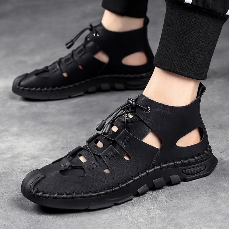 Summer White High-top Roman Sandals Men Gladiators Lace Up Buckle Leather Casual Shoes Breathable Beach Sandals Outdoor Slippers