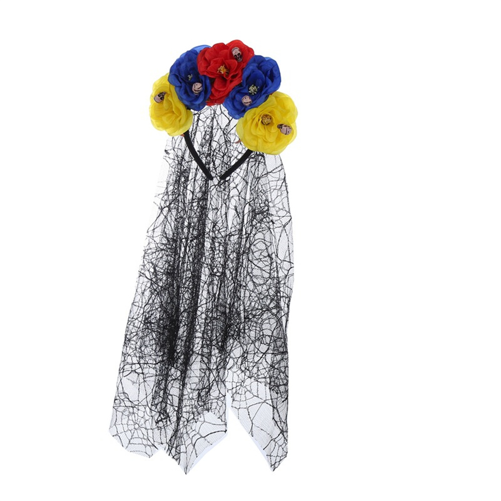 Halloween Gothic Skull Flower Headband for Women Girls Party Cosplay Spider Web Veil Day Of the Dead Headband Horror Headwear