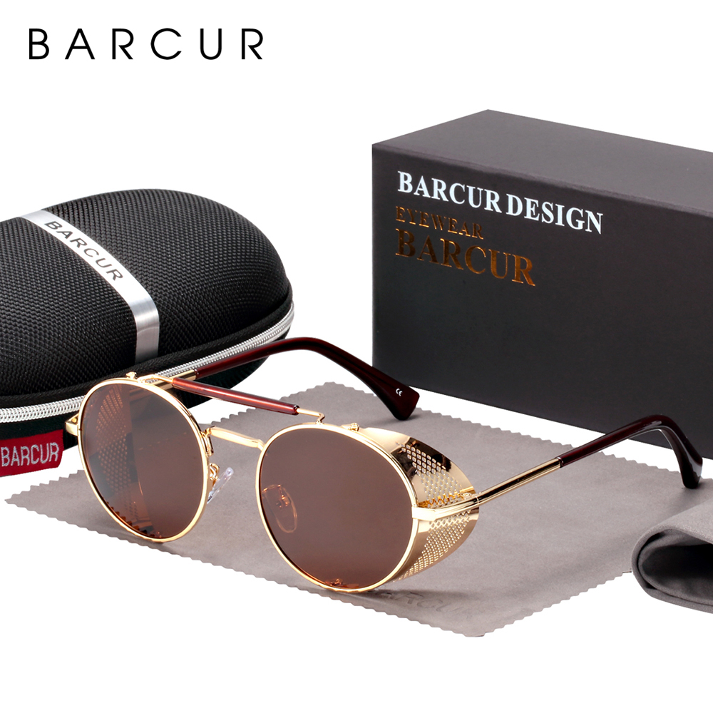BARCUR Vintage Retro Round Polarized Steampunk Sunglasses Men Sun Glasses For Women Style UV400 Protection