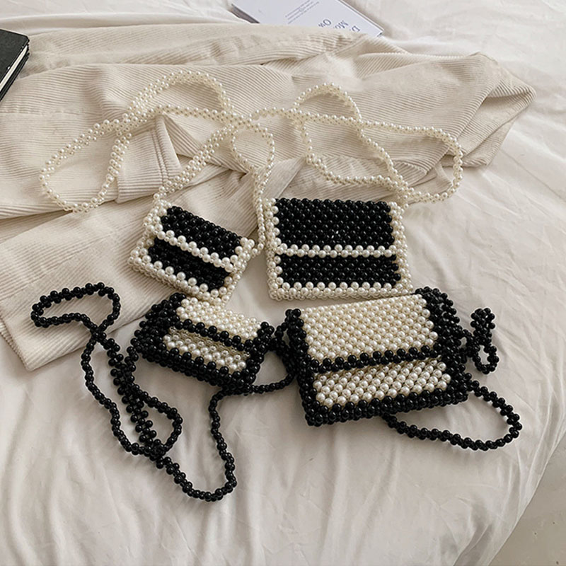 Woven Pearl Bags Summer 2023 New High Grade Black White HandBag Women's Crossbody Beaded Mini Lipstick Bag Sac A Main Femme