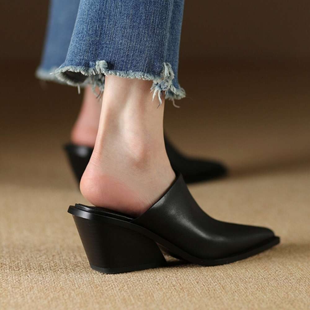 NEW Summer Genuine Leather Shoes For Pointed Chunky Heel Cover Toe Wedge Sandals Black Women Mules 68