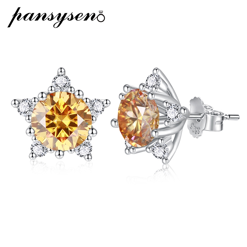 PANSYSEN Yellow Moissanite Earring S Sterling Sliver Plated with White Gold Earring for Women Man Sparkling Fine Jewelry 23e65