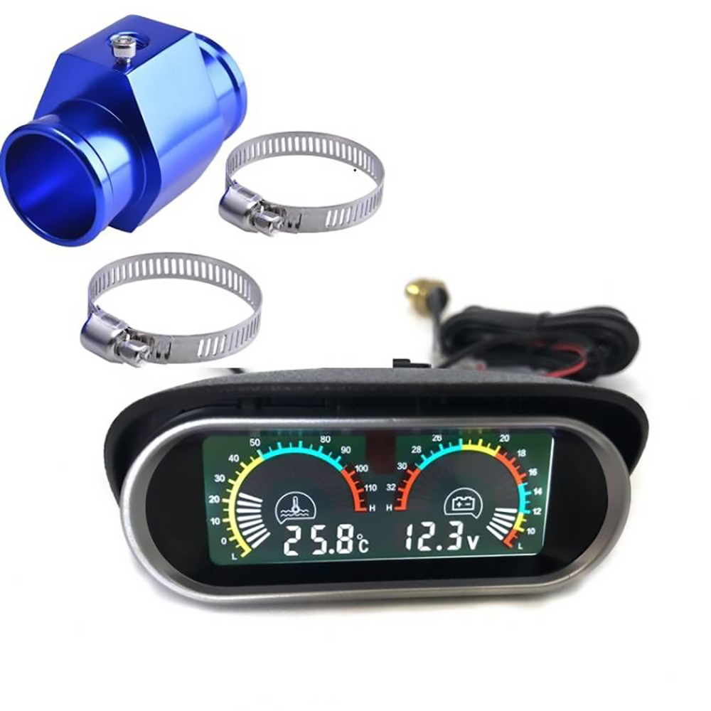 Auto M10 LCD Water Temperature & Voltmeter Gauge 2 in 1 With Joint Pipe Adapter 1/8NPT OD 26MM-40MM