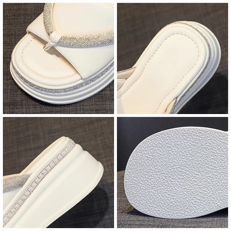 Fujin 7cm Cow Genuine Leather Rhinestone Slippers Sandals Elegance Women Platform Wedge Flats Leisure Bling Summer Shoes