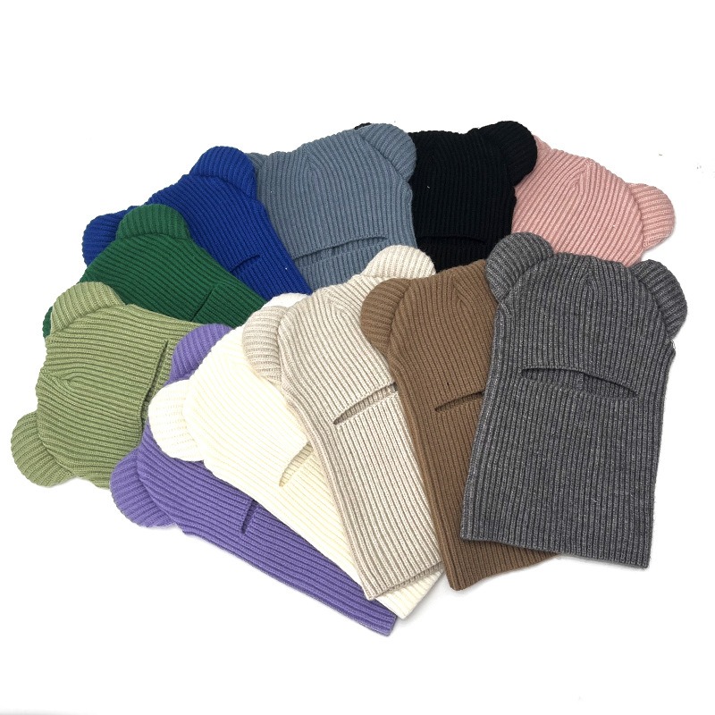 New Winter Demons Single Hole Balaclava Knitted Pullover Cap Unisex Windproof Bear Ears Warm Riding Integrated Scarf Beanie Hat
