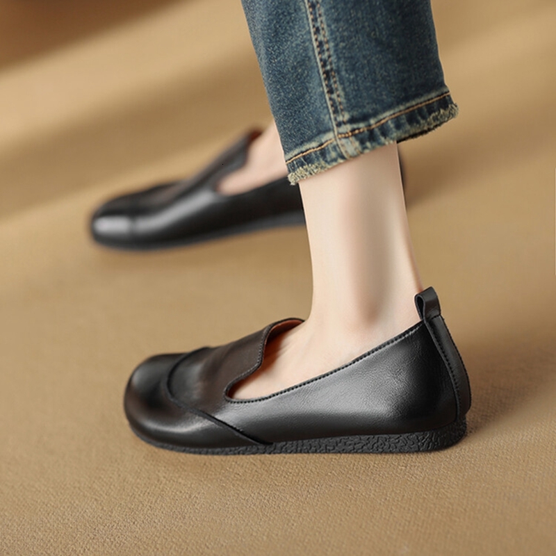 Spring/Autumn Loafers Split Leather For Round Toe Low Heel Women Flats Slip-On Soft Black Comfort Shoes 68