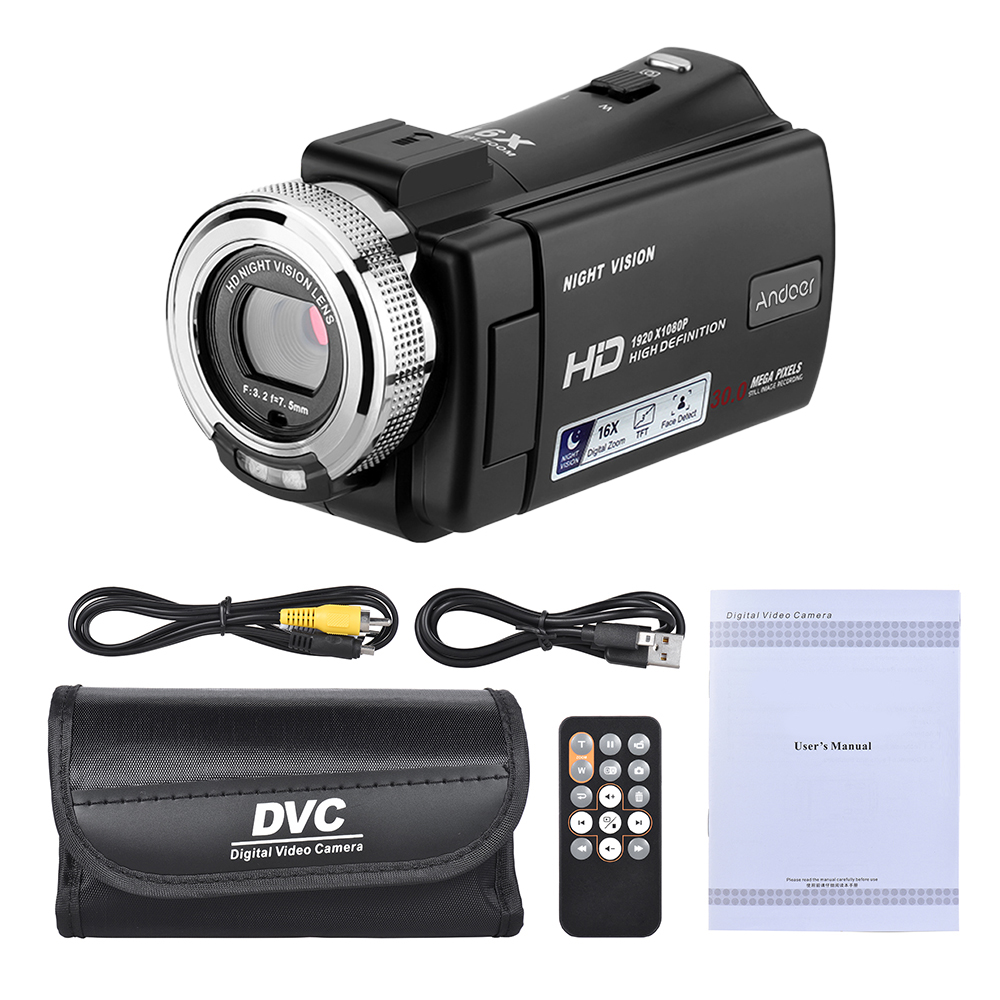 Andoer V12 1080P Full HD 16X Digital Zoom Recording Video Camera Portable Camcorder 3.0 Inch LCD Screen 30 MP Night Vision