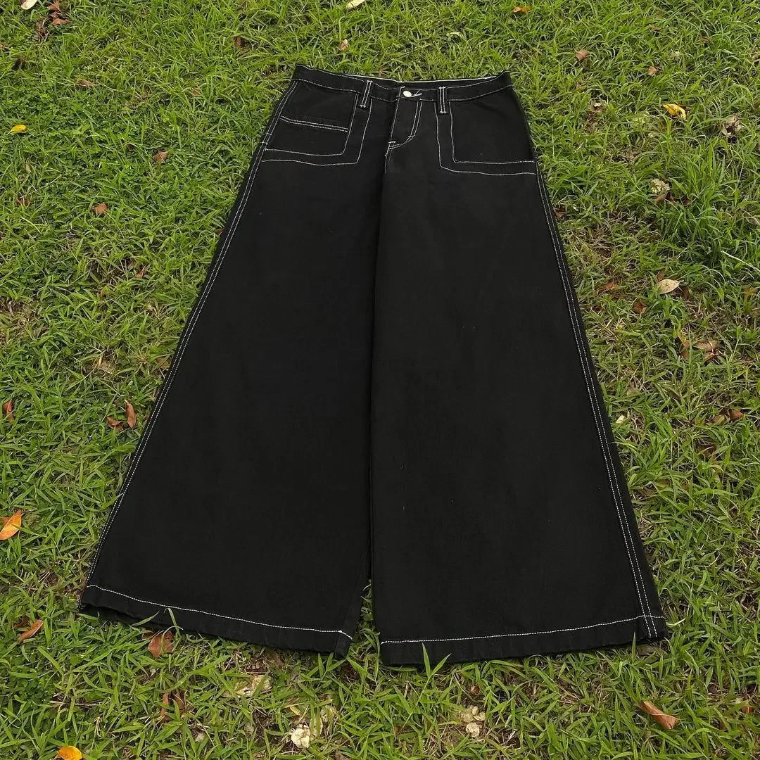 Wexwear Retro Trendy Baggy Wide Leg Jeans Harajuku Punk Hip Hop High Waist Denim Pants Jeans for Men Women Black Streetwear 240620